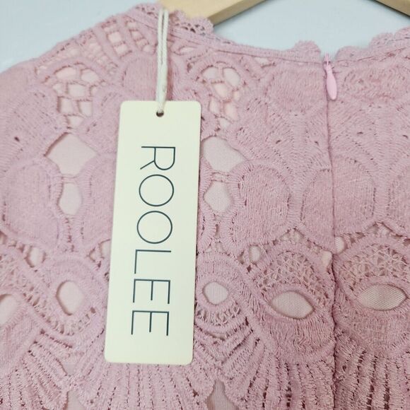 Roolee Maxi Dress M Dusty Pink Crocheted Lace Short Sleeve Wedding Bridesmaid - Picture 7 of 11